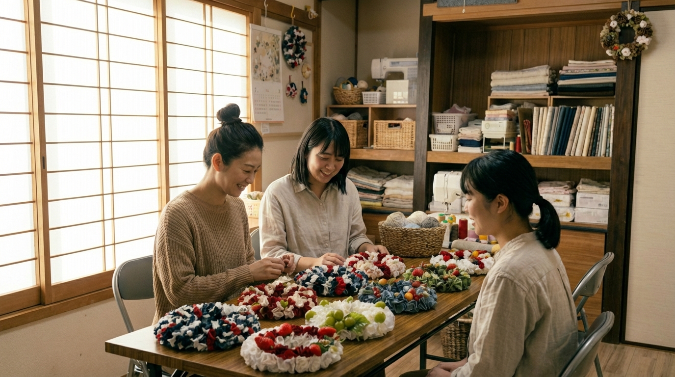 ハンドメイド作品と作業風景